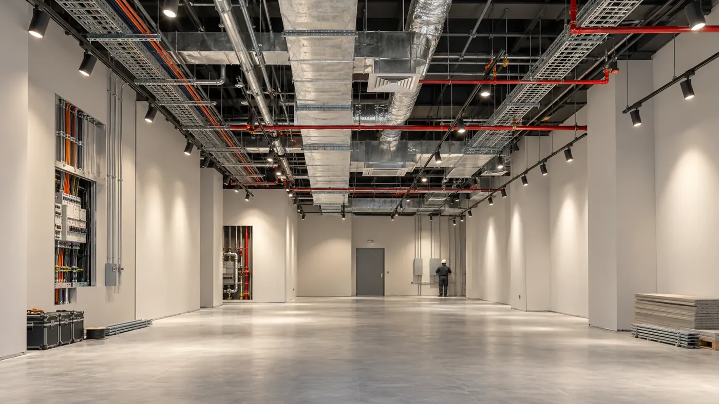 Offene Decke mit Lüftungskanälen, Kabeltrassen, Sprinklerleitungen und Schienenstrahlern