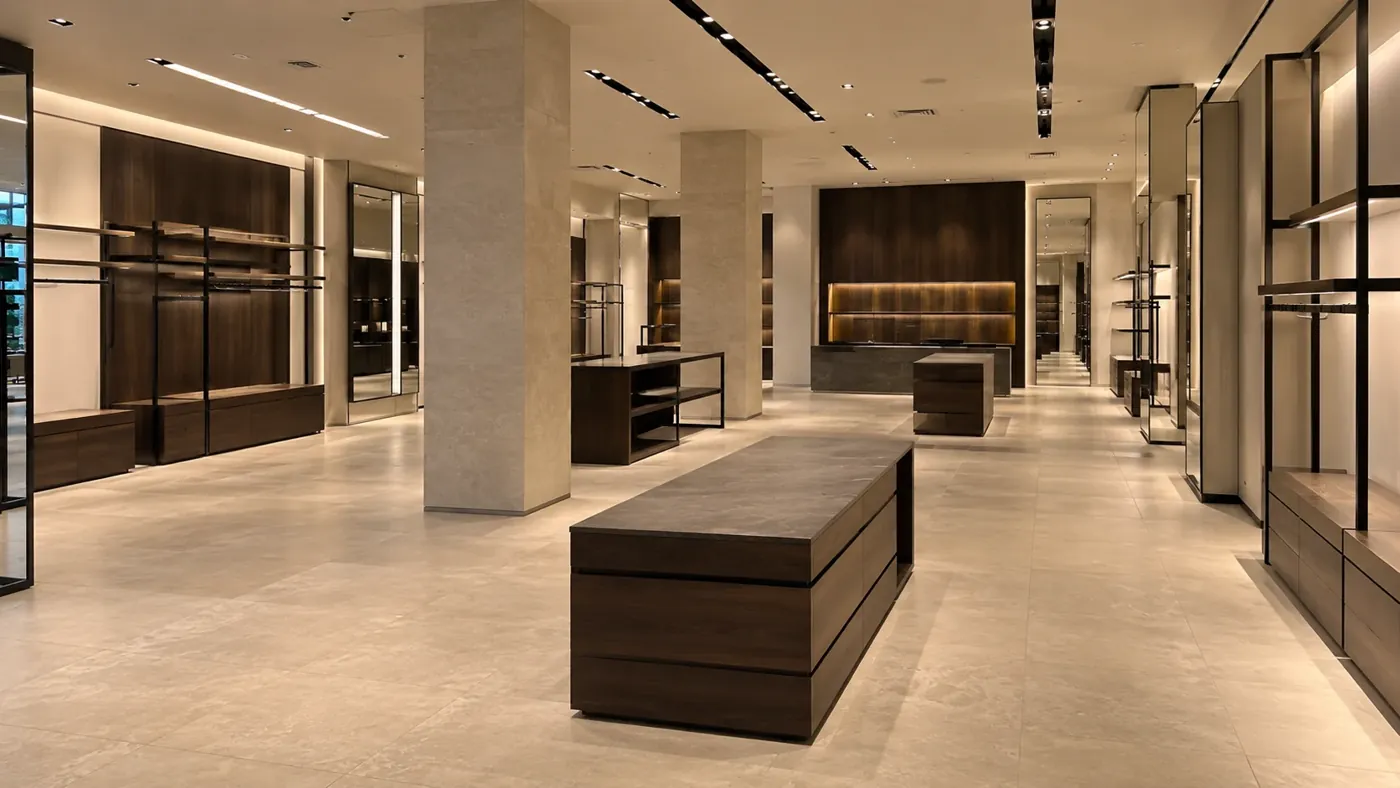 Ausgebaute Retail-Fläche mit Natursteinpfeilern, Holzeinbauten, Präsentationstischen und Lichtlinien