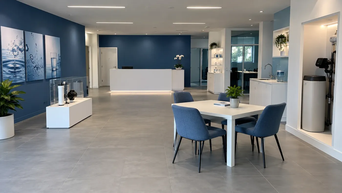 Showroom mit blauer Akzentwand, Empfangstheke, Ausstellungsnischen und Beratungstisch